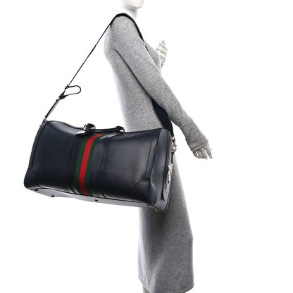 Gucci Textured Dollar Calfskin Web Large Savoy Duffle Bag Navy 3 of 9