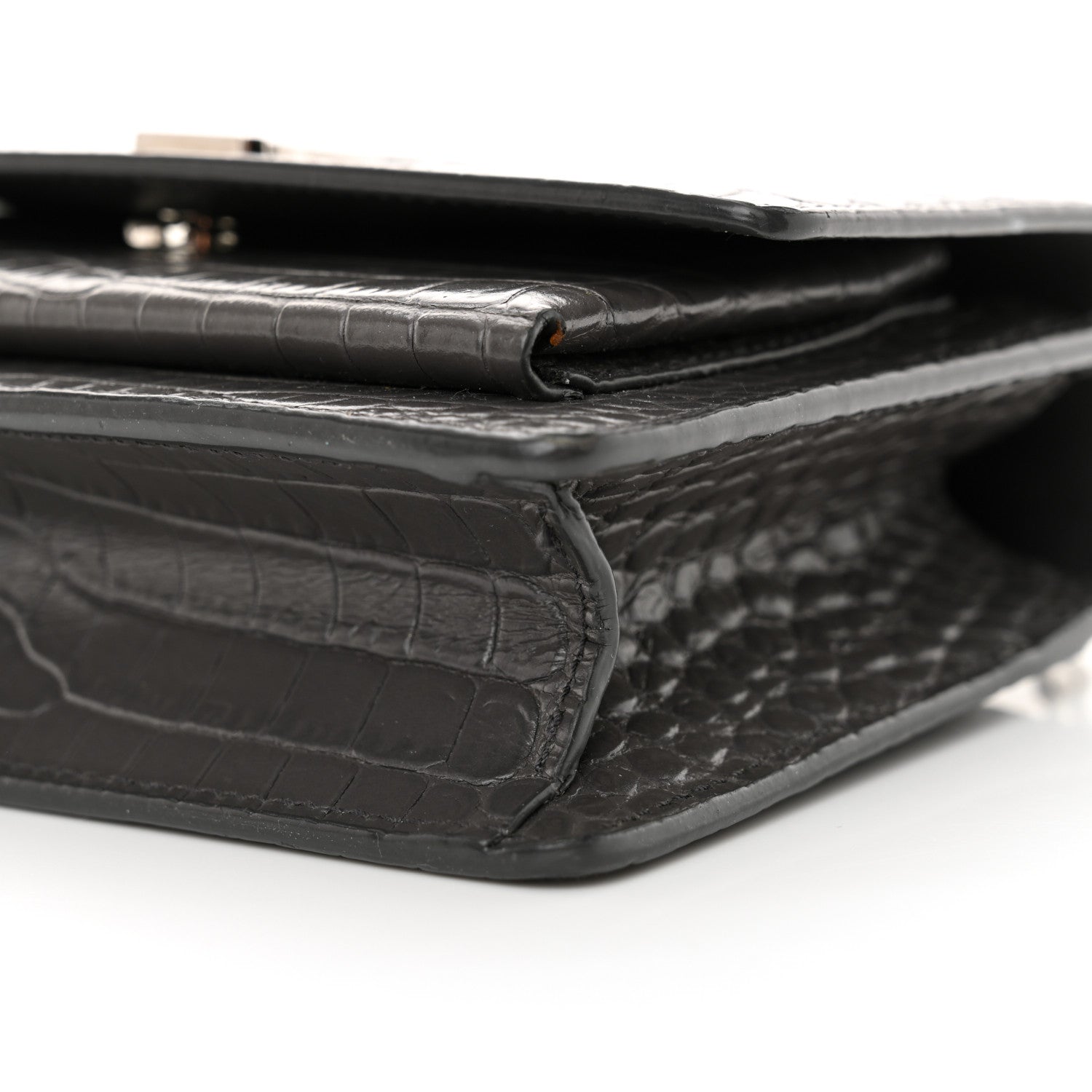 Saint Laurent Calfskin Crocodile Embossed Monogram Sunset Chain Wallet Graphite 10 of 12
