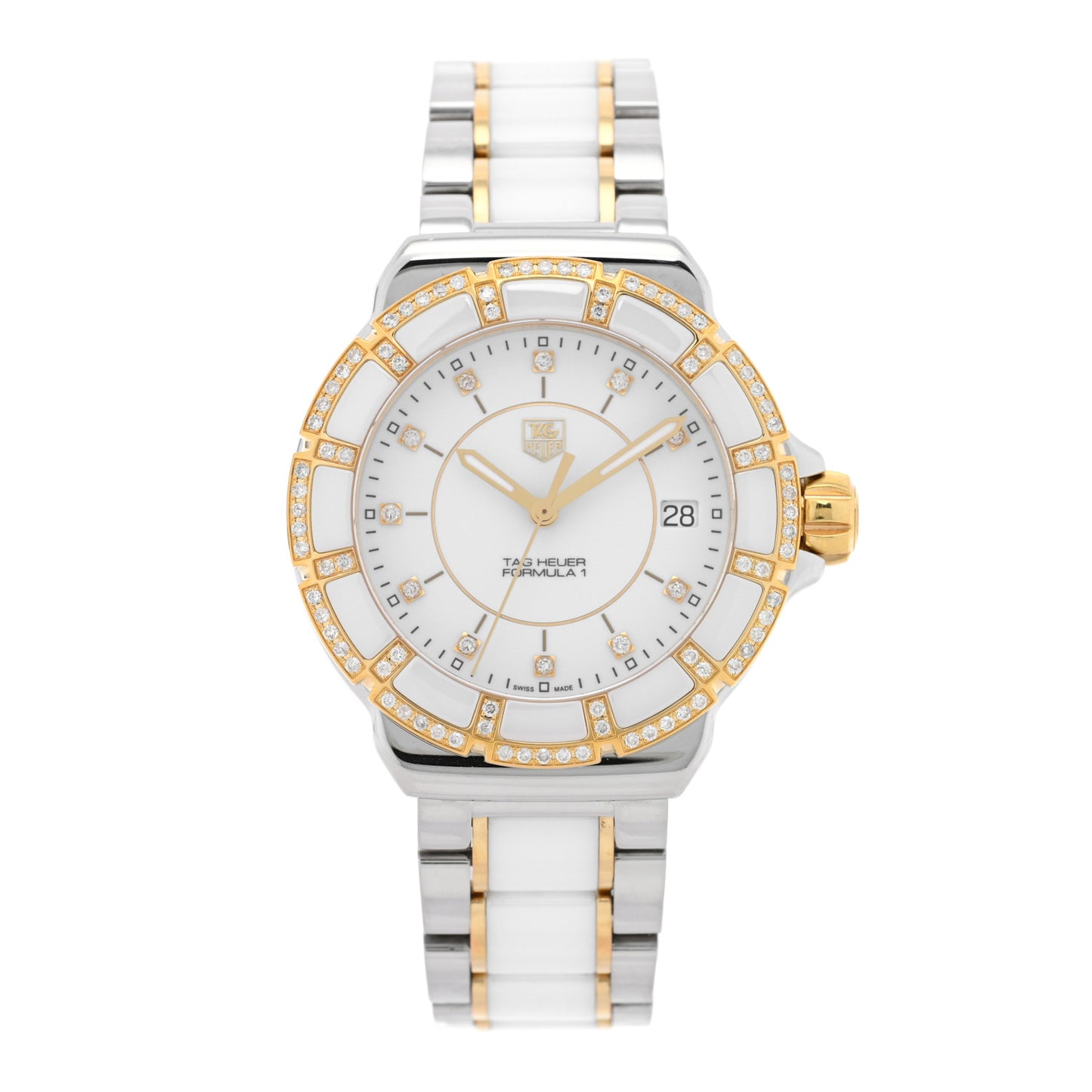 Stainless Steel 18K Yellow Gold Ceramic Diamond 34mm Formula 1 Quartz Watch White WAH1221