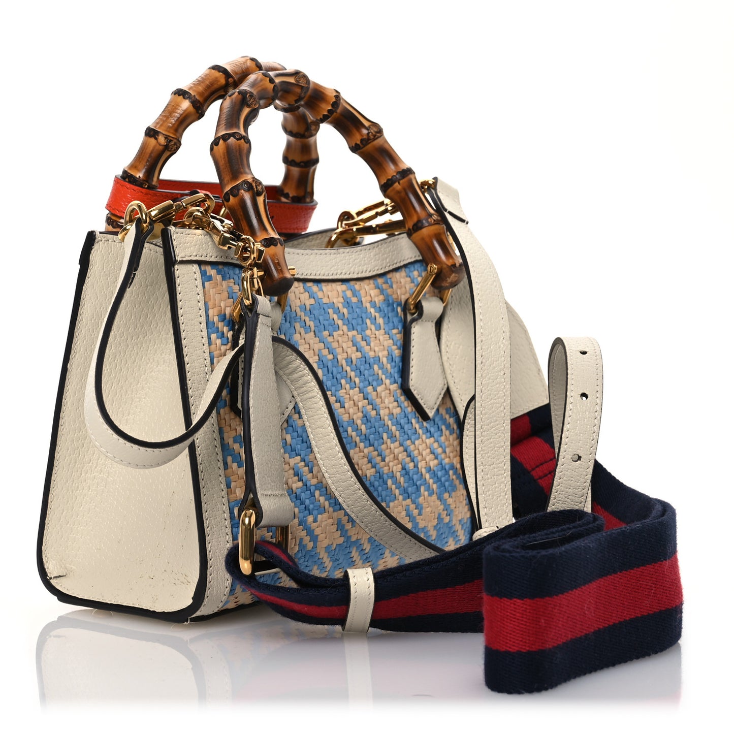 Raffia Textured Dollar Calfskin Web Houndstooth Mini Diana Tote Bag Light Blue Natural Deep Orange