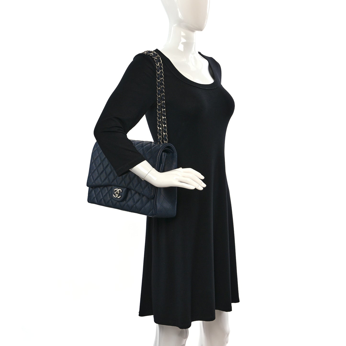 Caviar Quilted Maxi Double Flap Navy Blue