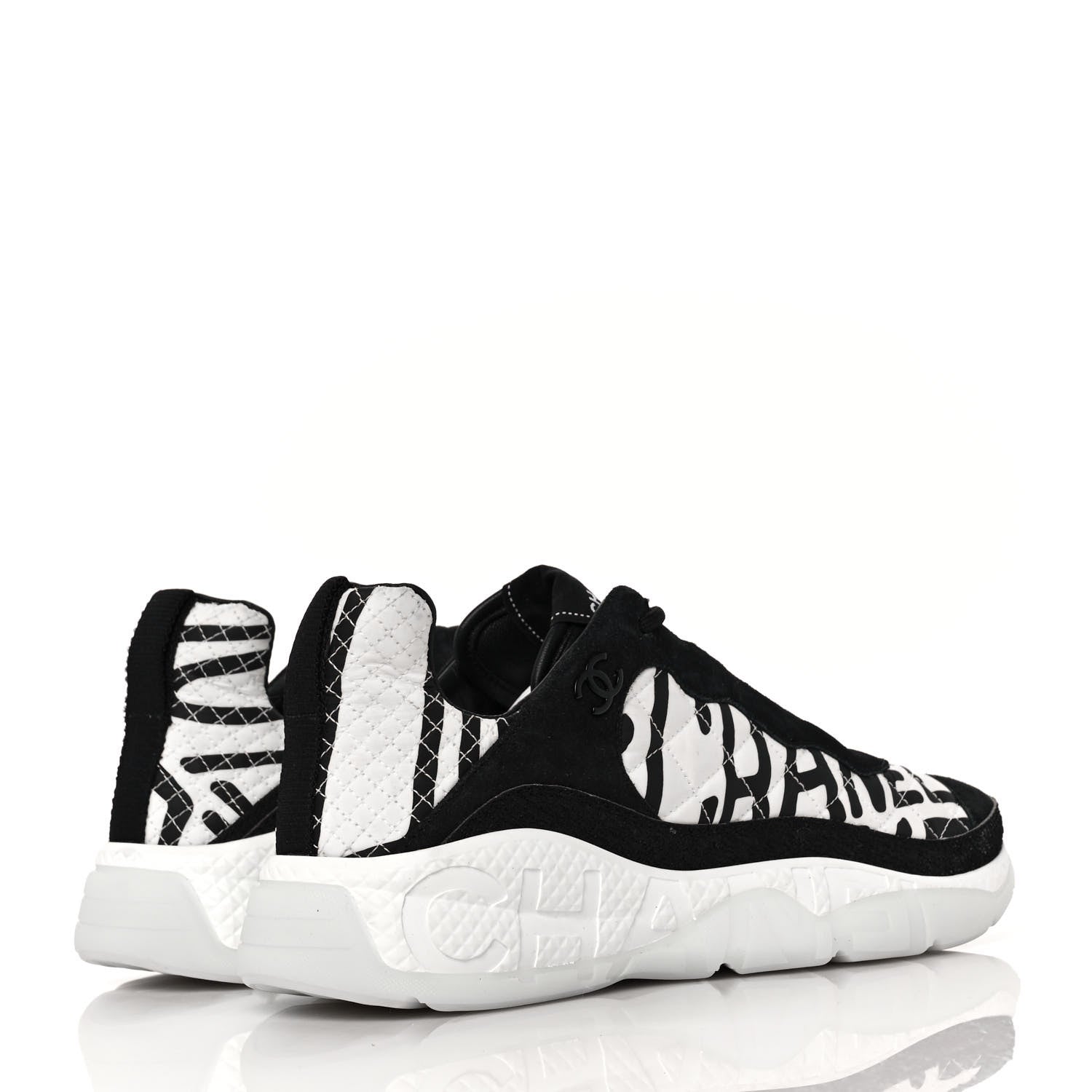 Chanel Nylon Suede Calfskin Printed Sneakers 40.5 White Black 4 of 8