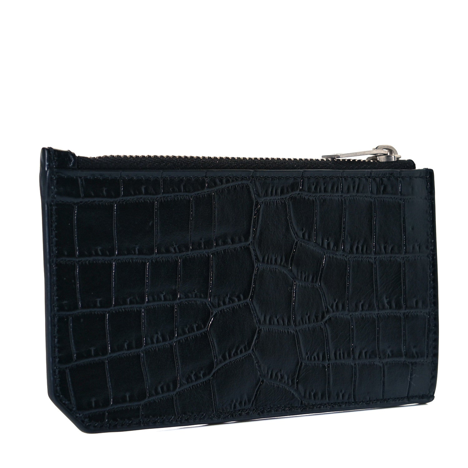 Saint Laurent Calfskin Crocodile Embossed 5 Fragments Zip Pouch Card Holder Black 3 of 10
