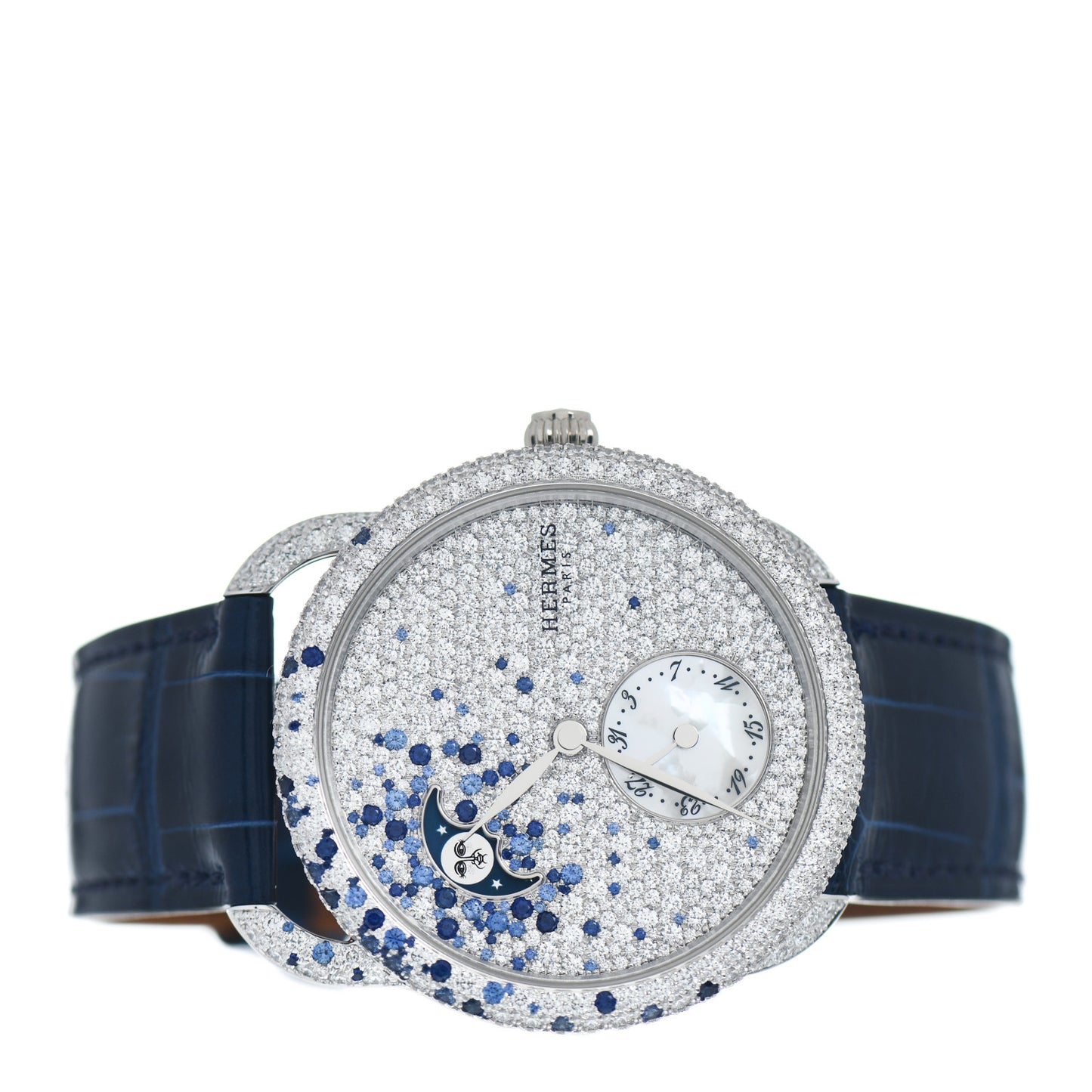 18K White Gold Alligator Diamond 38mm Arceau Petite Lune Automatic Watch Bleu Saphir