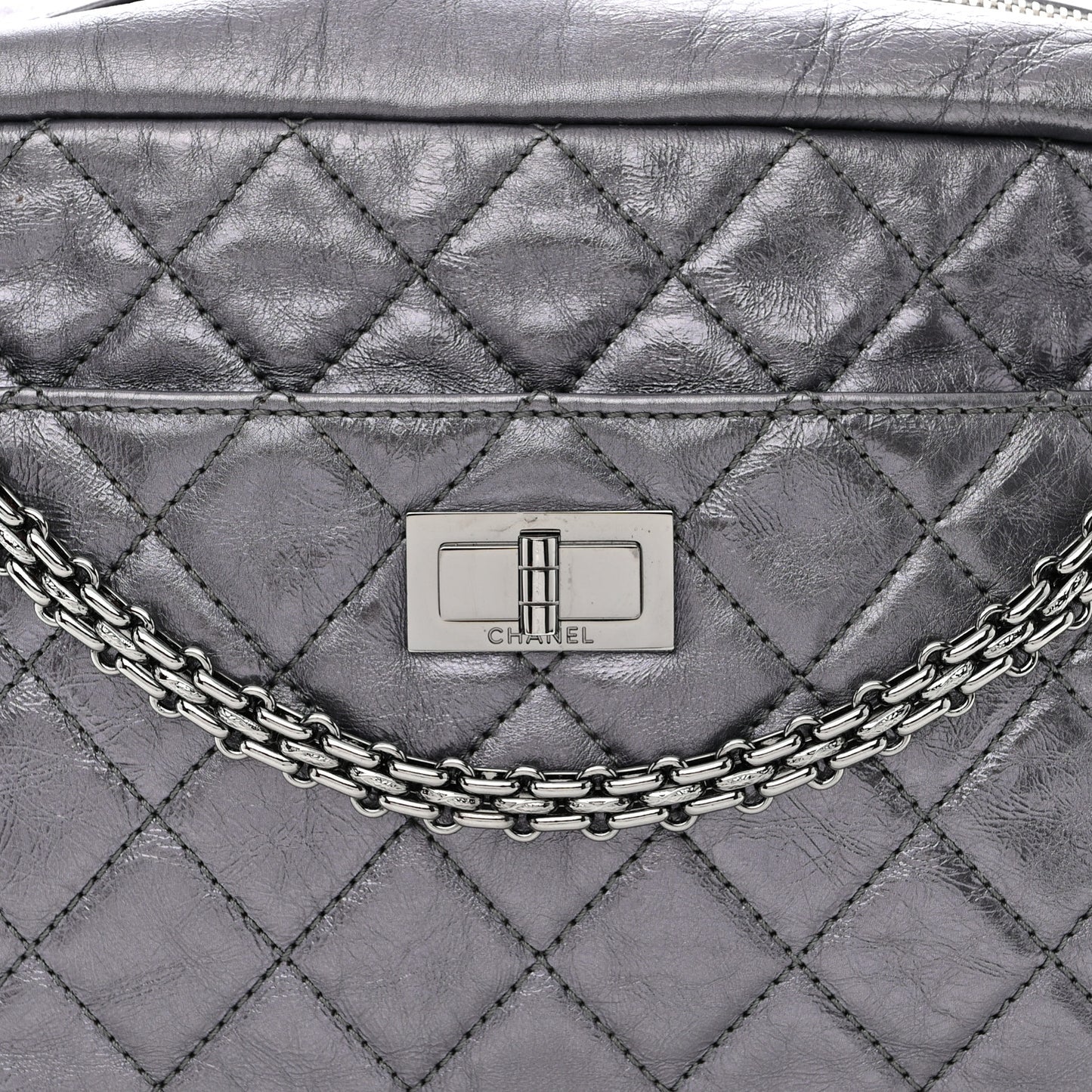 Metallic Aged Calfskin Quilted Medium Reissue Camera Case Dark Silver
