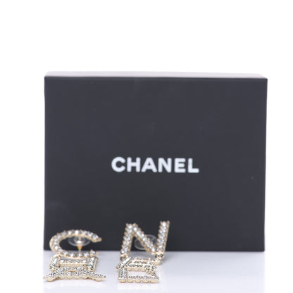 Chanel Crystal Cha-Nel Logo Drop Earrings Gold 5 of 5