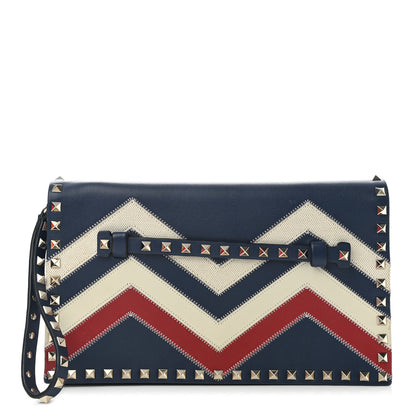 Valentino Garavani Nappa Canvas Chevron Striped Rockstud Wristlet Clutch Blue Red White 1 of 6