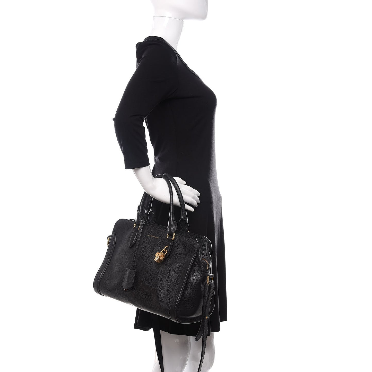 Pebbled Calfskin Small Skull Padlock Zip Around Tote Black