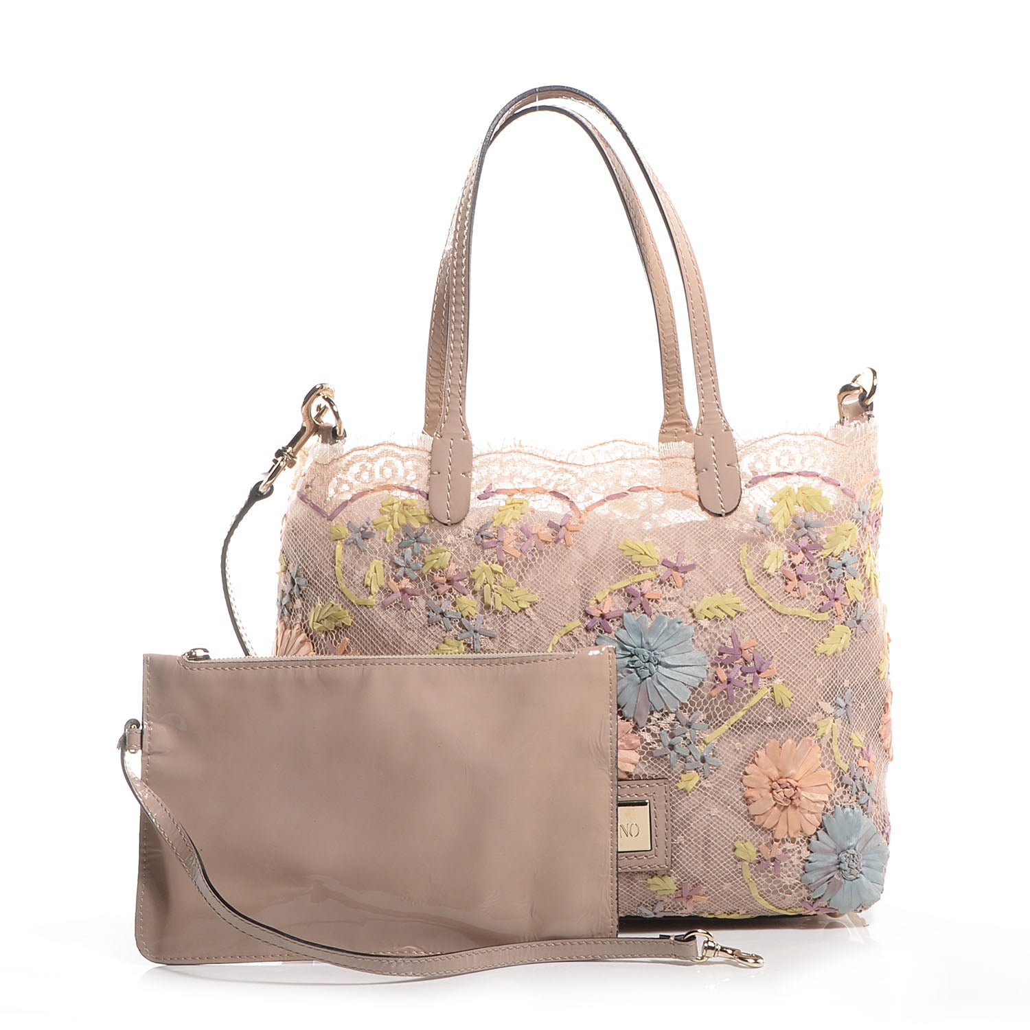 Valentino Garavani Patent Trimmed Lace Embroidered Tote Neutral 8 of 8
