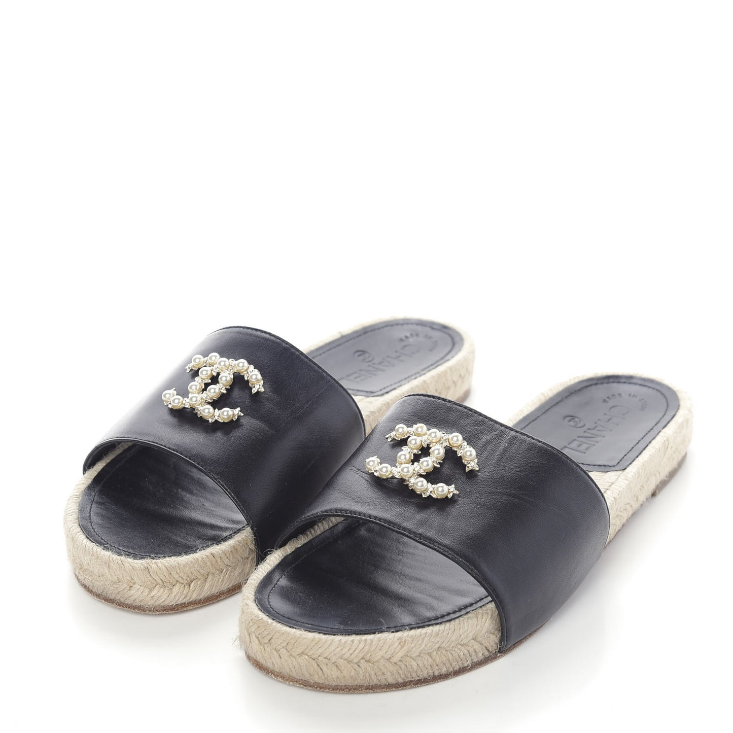 Lambskin Pearl CC Espadrille Slip On Sandals 38 Black