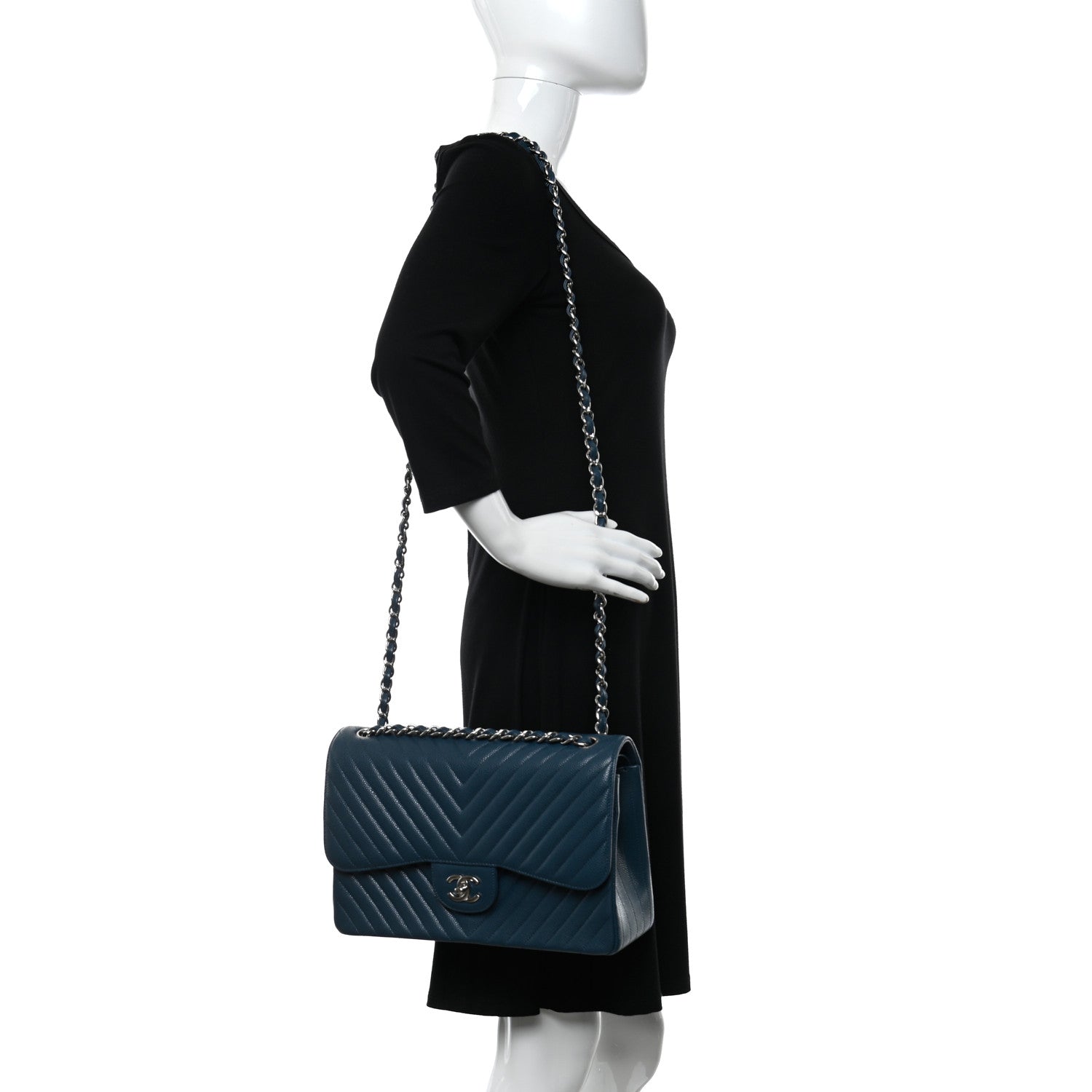 Chanel Caviar Chevron Quilted Jumbo Double Flap Blue 2 of 10