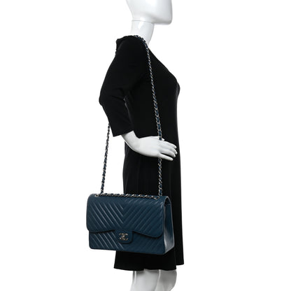 Chanel Caviar Chevron Quilted Jumbo Double Flap Blue 2 of 10