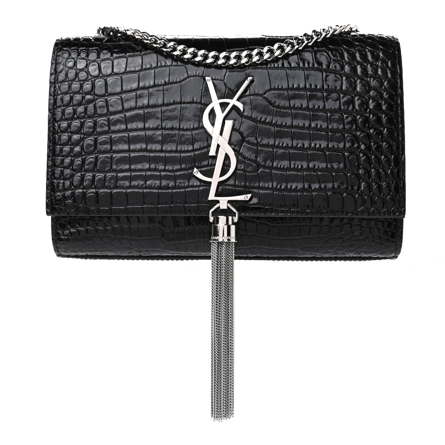 Saint Laurent Calfskin Crocodile Embossed Small Classic Monogram Kate Tassel Satchel Black 1 of 4