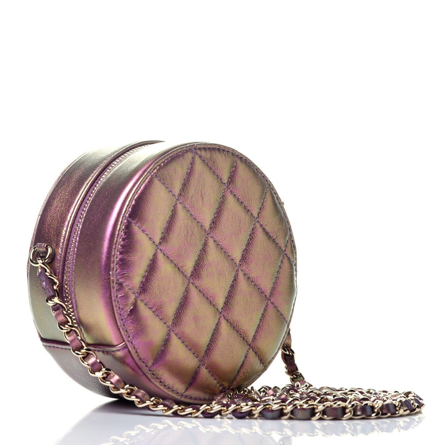 Iridescent Lambskin Quilted Round Clutch With Chain Purple