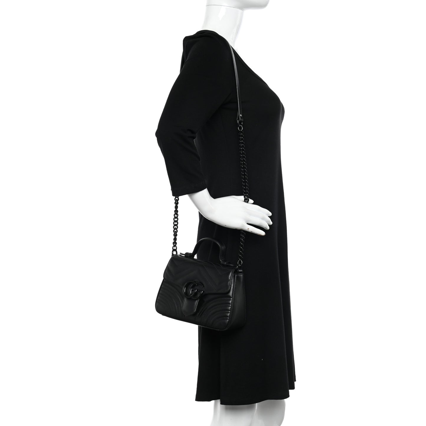 Calfskin Matelasse Monochrome Mini GG Marmont Top Handle Shoulder Bag Black