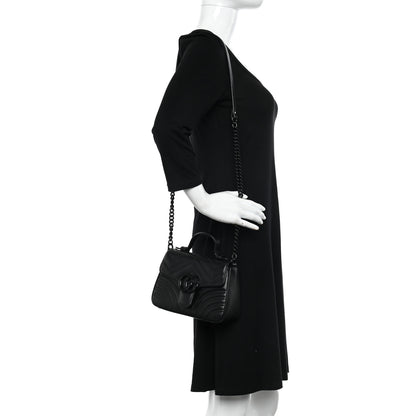 Gucci Calfskin Matelasse Monochrome Mini GG Marmont Top Handle Shoulder Bag Black 2 of 10