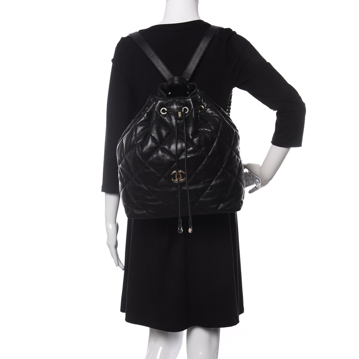 Lambskin Quilted Drawstring Backpack Black
