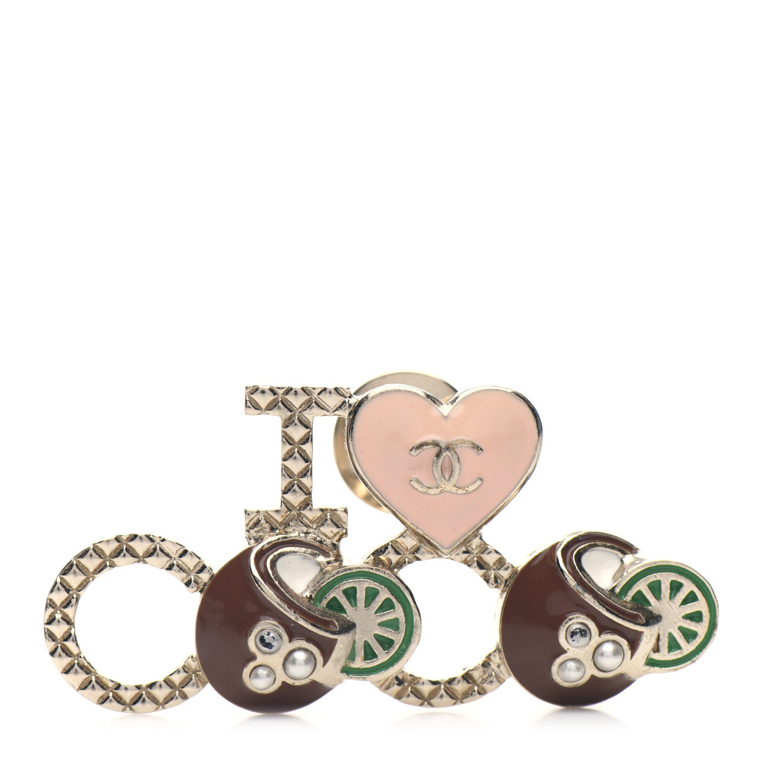 Chanel Metal Resin Pearl I Love Coco Brooch Gold Brown Pink 1 of 4