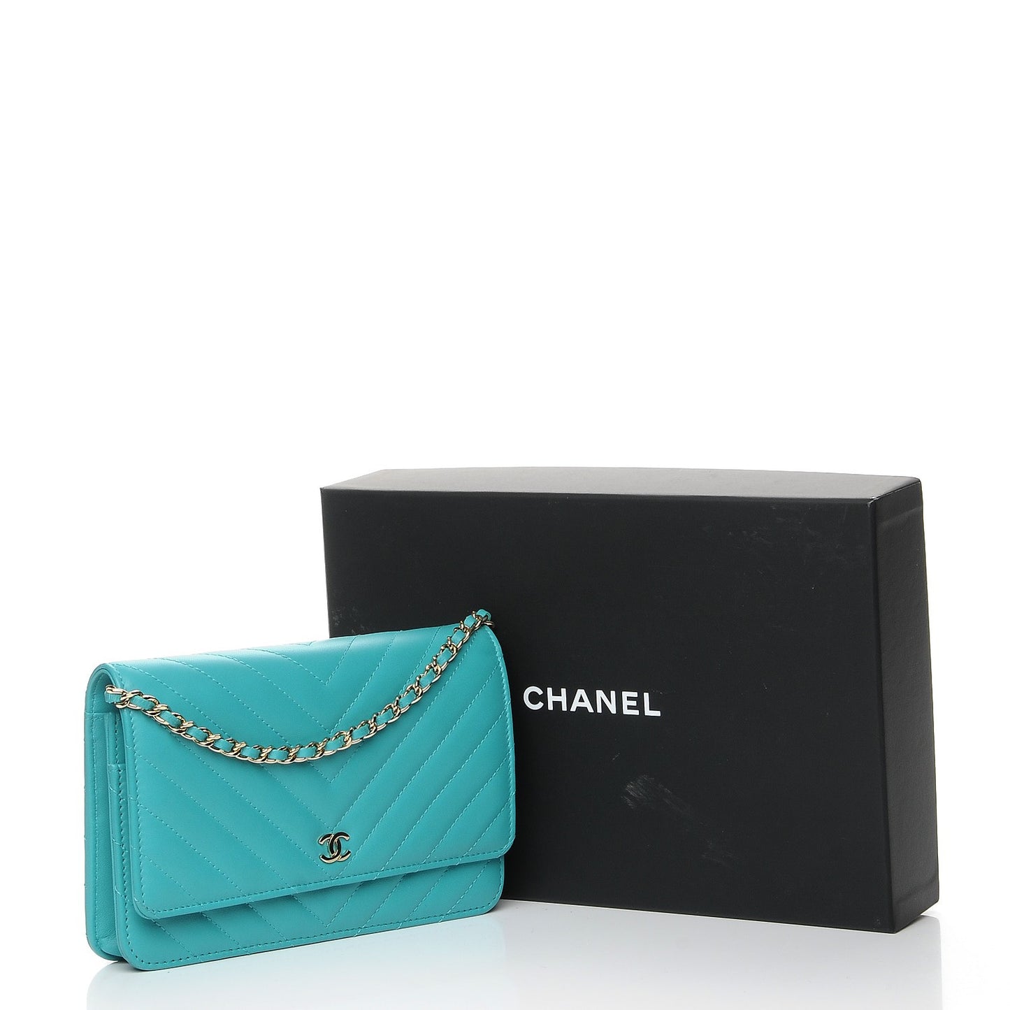 Lambskin Chevron Wallet On Chain WOC Turquoise