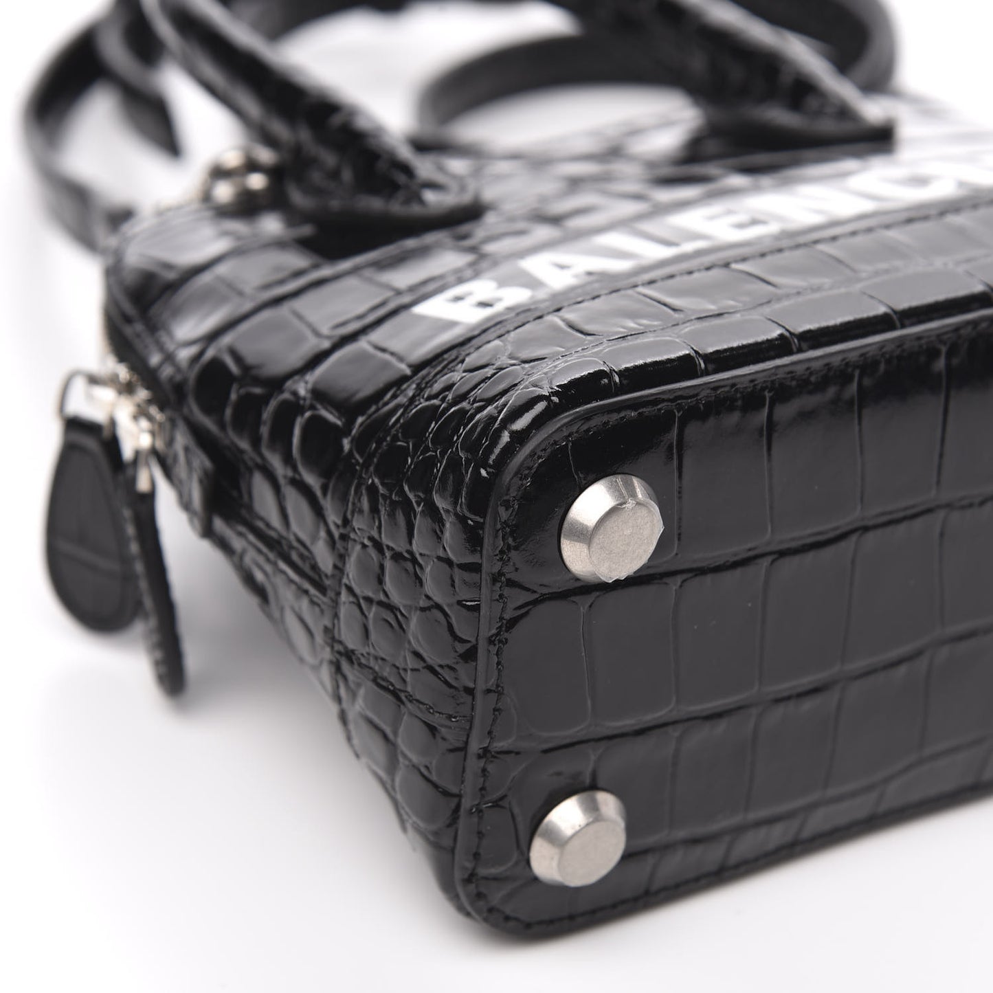 Shiny Calfskin Logo Crocodile Embossed XXS Ville Top Handle Bag Black White