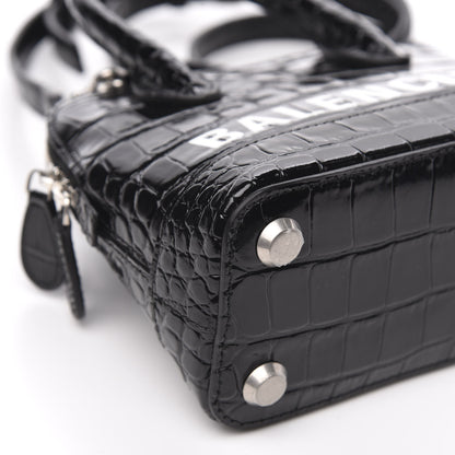 Balenciaga Shiny Calfskin Logo Crocodile Embossed XXS Ville Top Handle Bag Black White 8 of 9