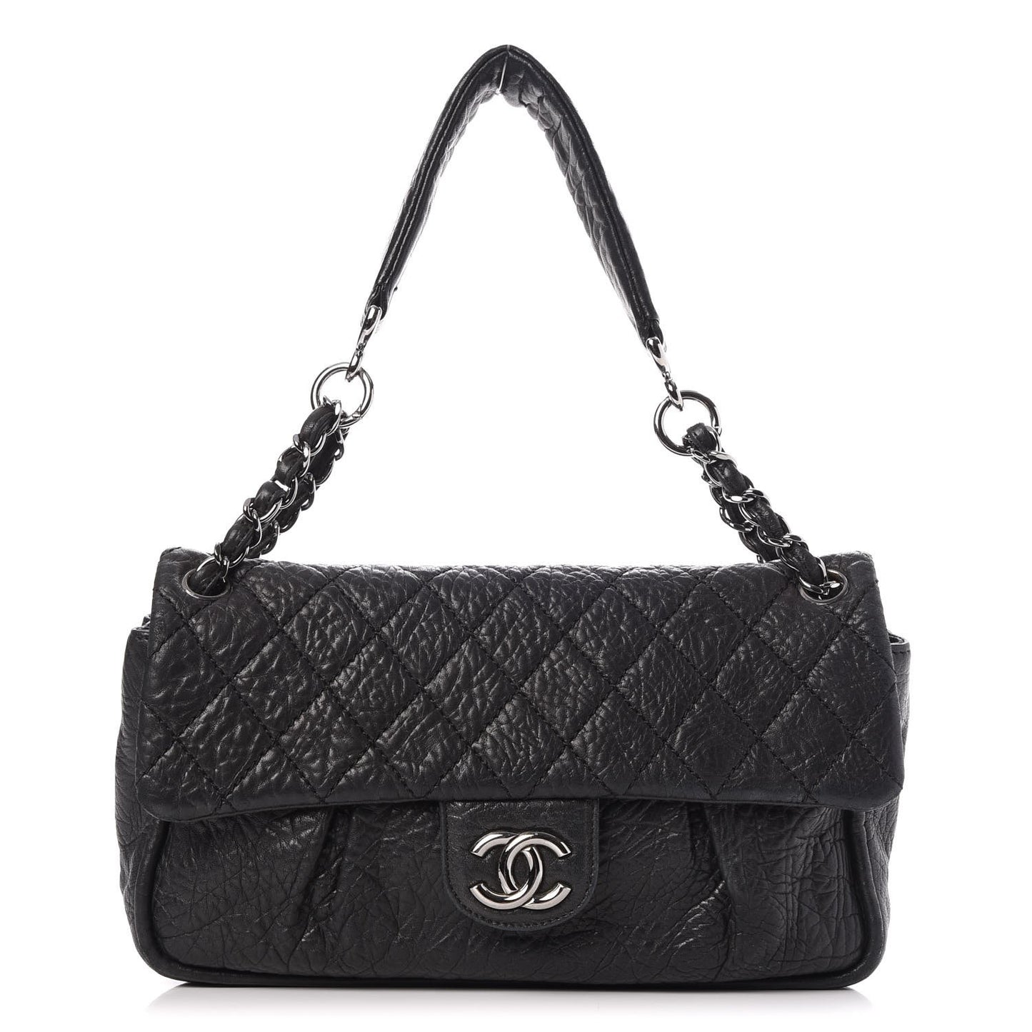 Distressed Lambskin Lady Braid Flap Black