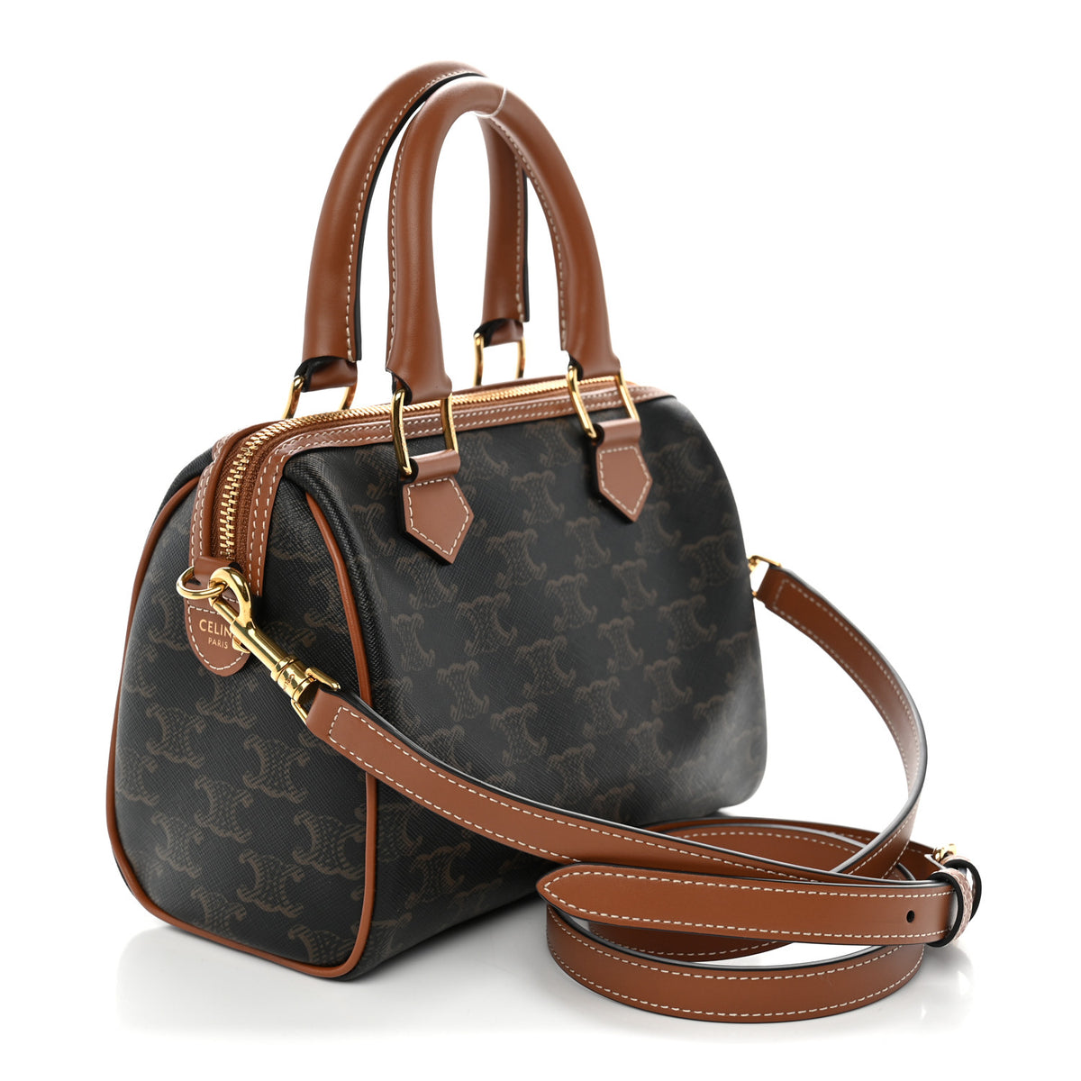 Celine Triomphe Canvas Calfskin Small Boston Bag Tan 3 of 10