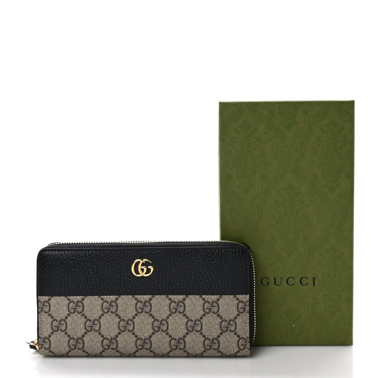 Dollar Calfskin GG Supreme Monogram GG Marmont Zip Around Wallet Black Beige Ebony