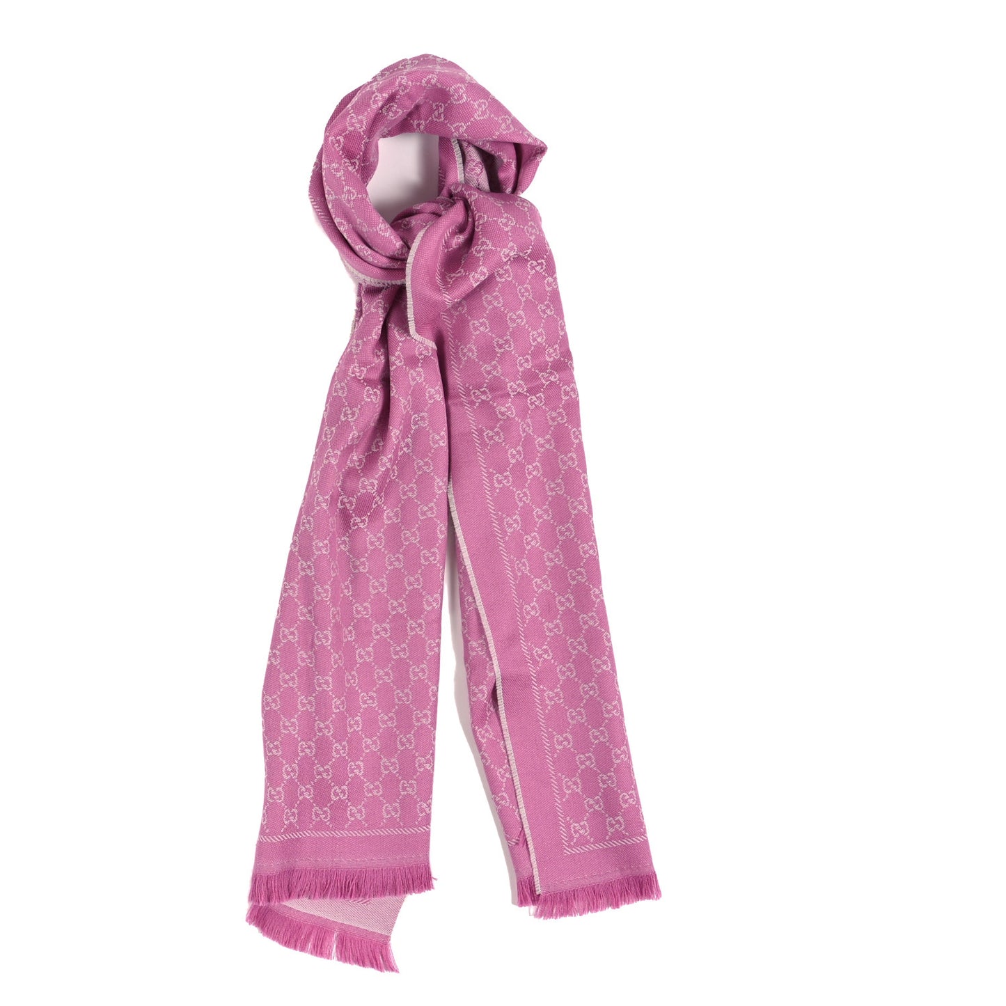 Wool Jacquard GG Monogram Reversible New Sten Fringe Scarf Ivory Pink
