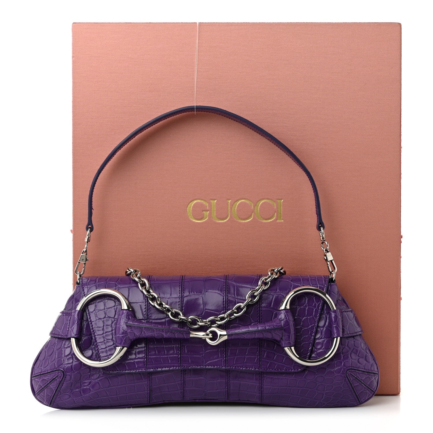 Gucci Alligator Embossed Medium Maxi Horsebit Chain Shoulder Bag