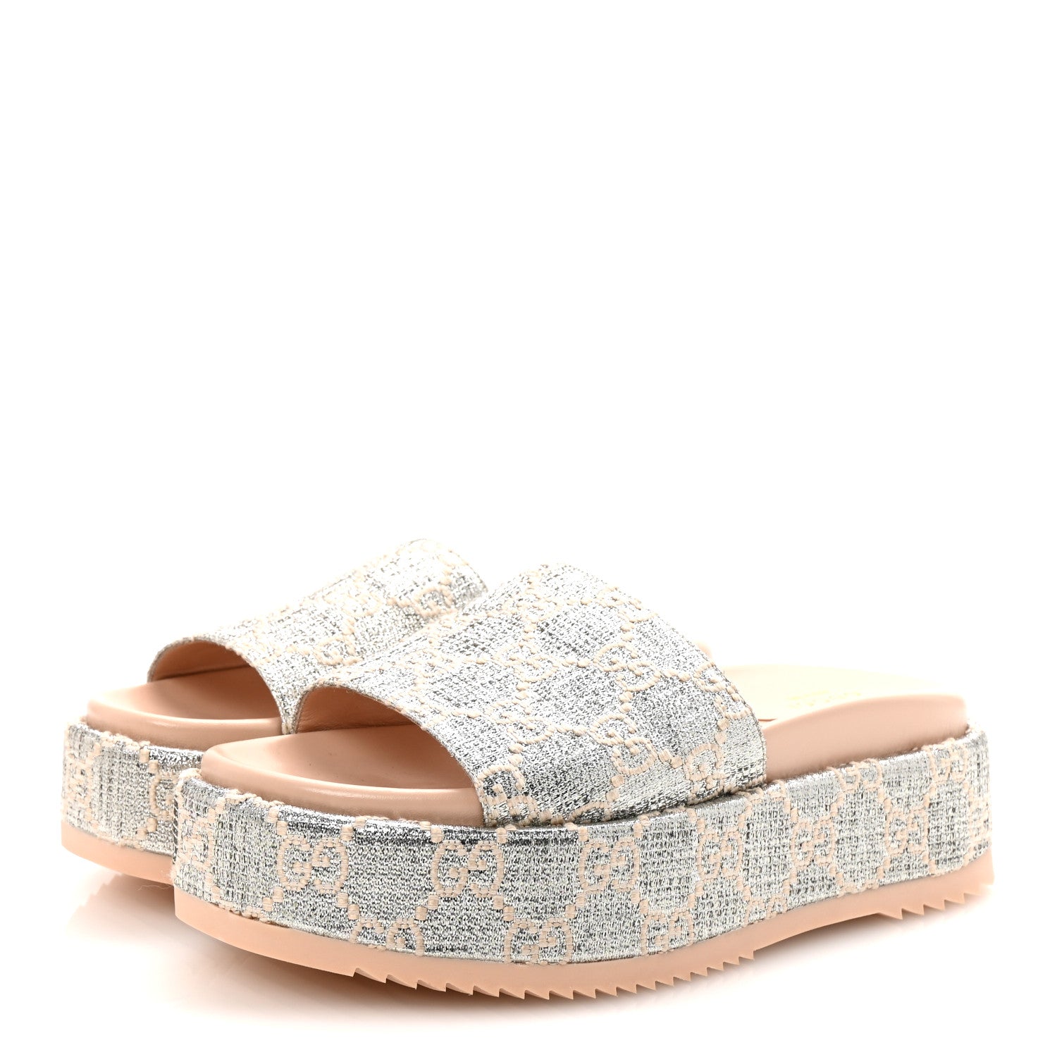 Gucci Lame Heritage GG Monogram Angelina Platform 55mm Slide Sandals 37.5 Silver Beige 4 of 9