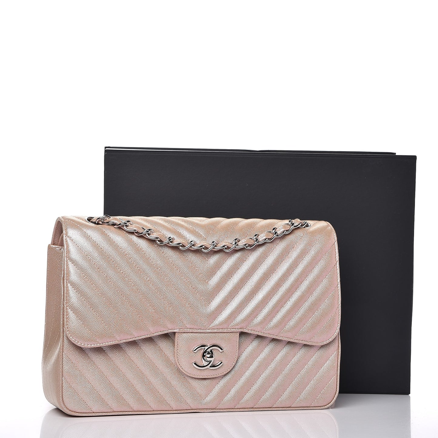 Metallic Caviar Chevron Quilted Jumbo Double Flap Light Gold