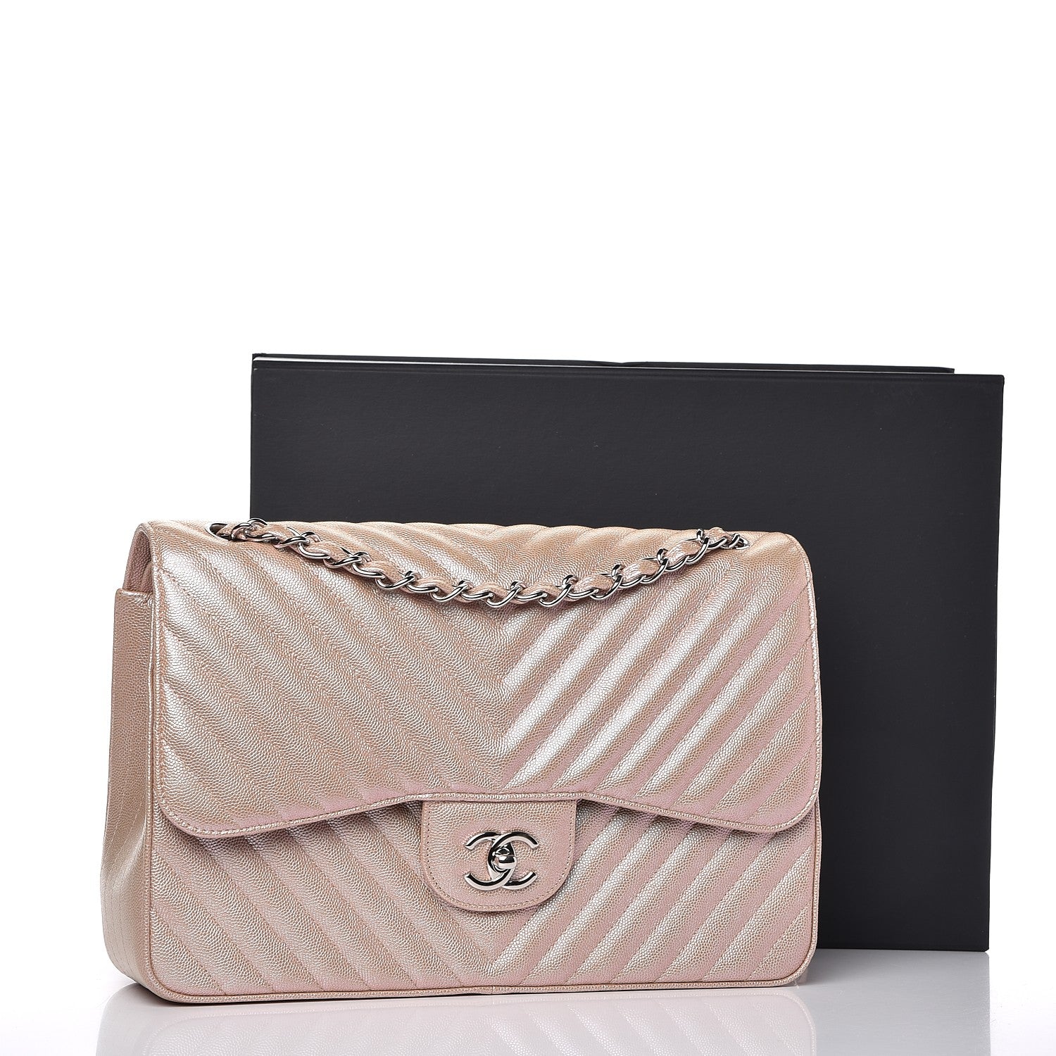 Chanel Metallic Caviar Chevron Quilted Jumbo Double Flap Light Gold 10 of 10