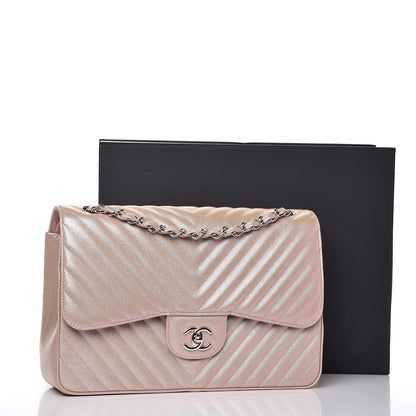 Chanel Metallic Caviar Chevron Quilted Jumbo Double Flap Light Gold 10 of 10