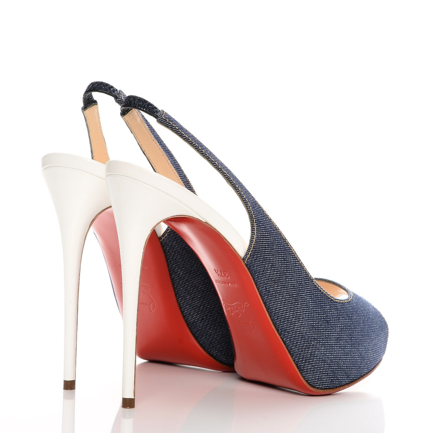 Christian Louboutin Denim Lady Peep Sling 120 Pumps 37.5 Blue White 4 of 6