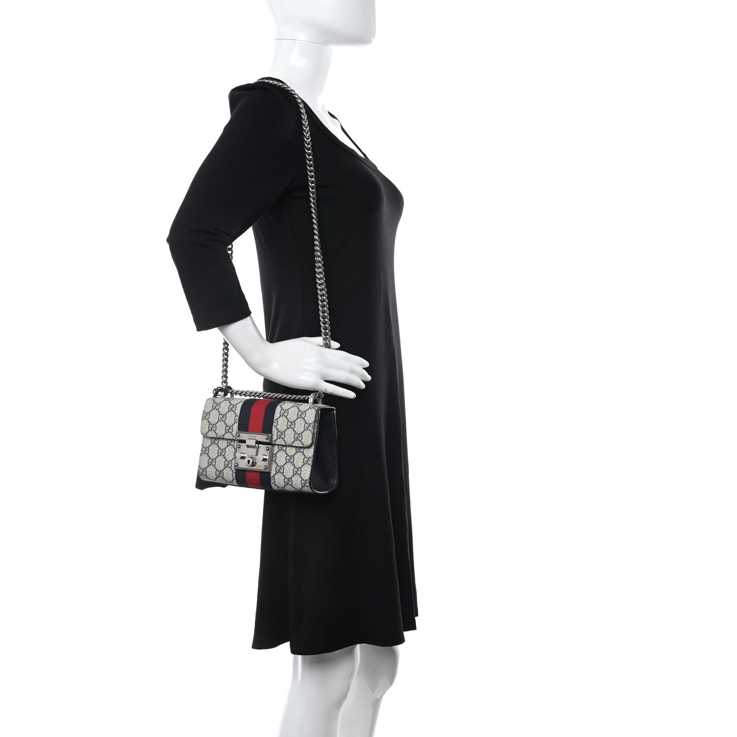 Gucci GG Supreme Monogram Textured Dollar Calfskin Web Small Padlock Shoulder Bag Beige Blue 2 of 9