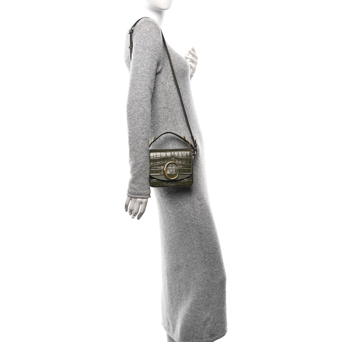 Calfskin Crocodile Embossed Mini C Double Carry Misty Forest