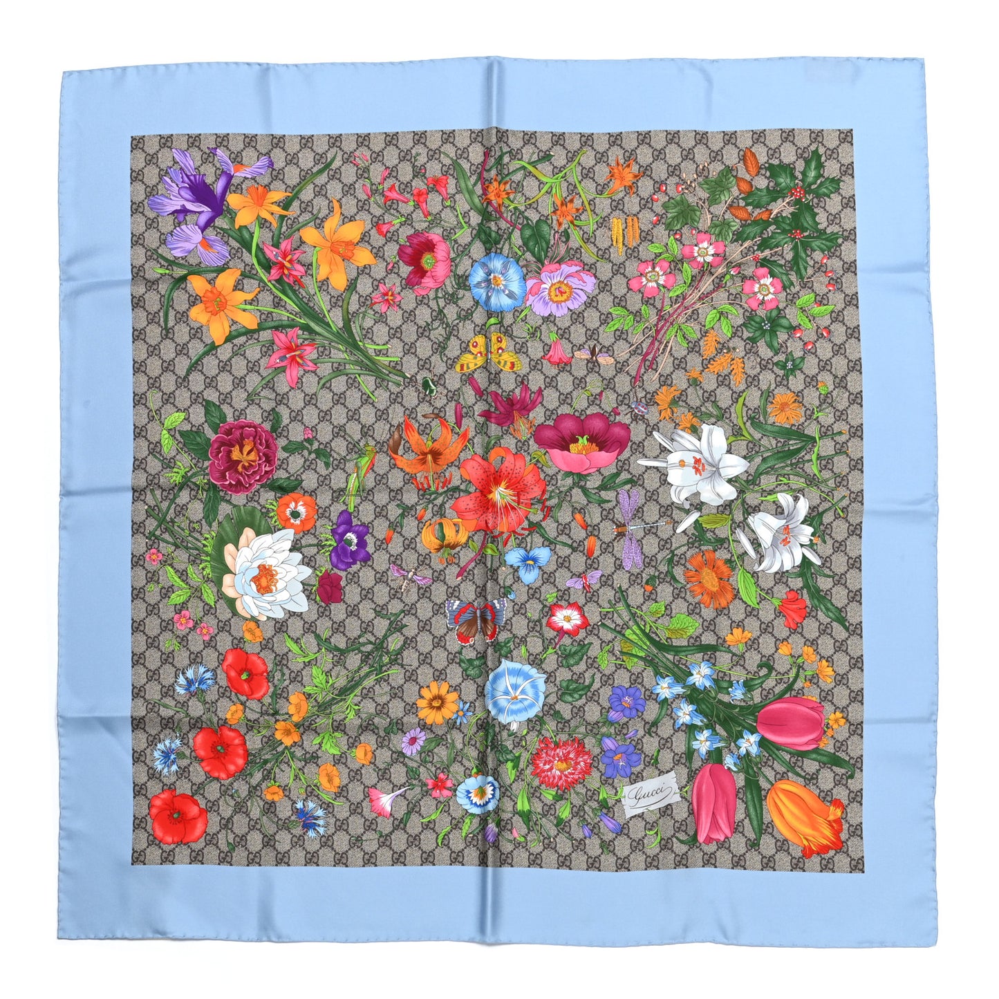 Silk Twill GG Monogram Special Florio Square Scarf Beige Sky Blue