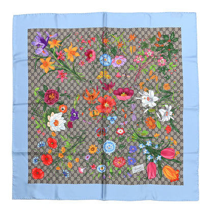 Gucci Silk Twill GG Monogram Special Florio Square Scarf Beige Sky Blue 1 of 6