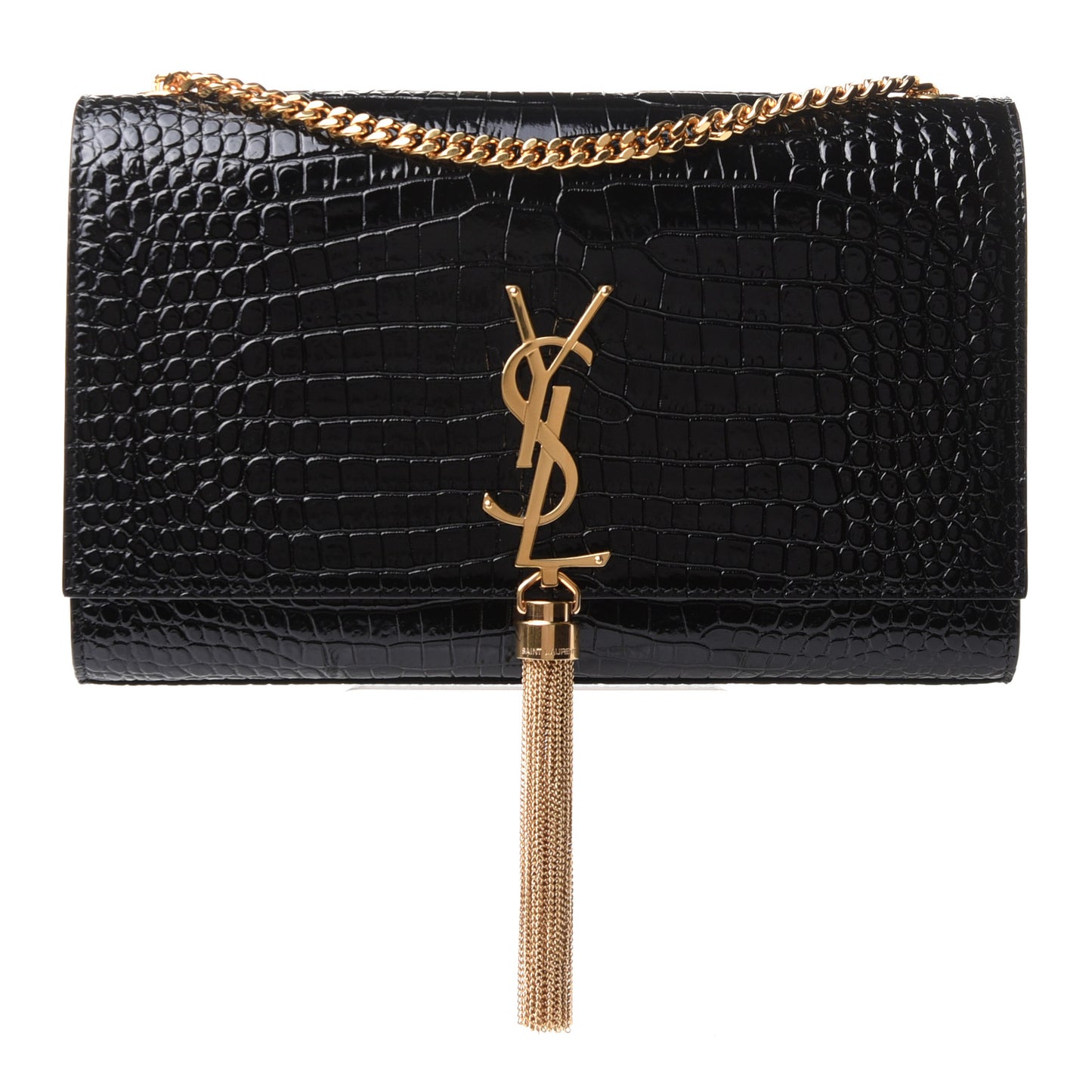 Calfskin Crocodile Embossed Medium Classic Monogram Kate Tassel Satchel Black