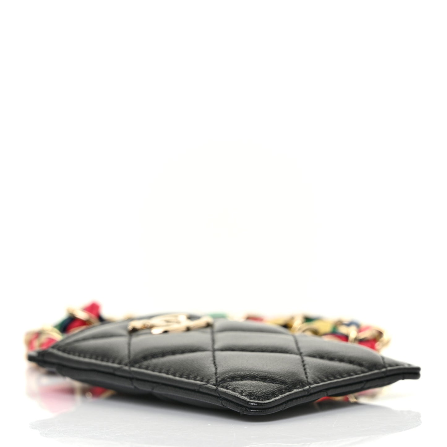 Shiny Lambskin Ribbon Quilted Card Holder On Chain Black