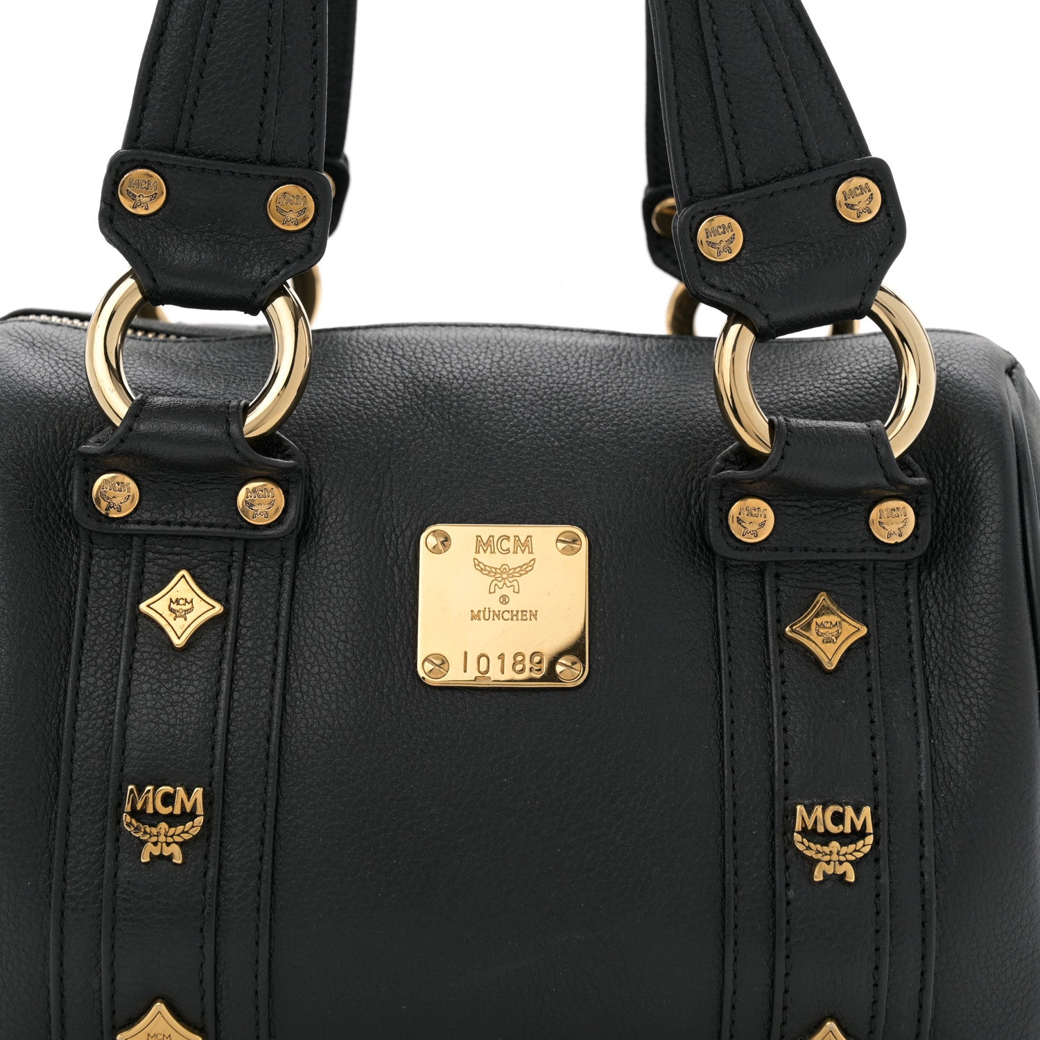 MCM Grained Calfskin Studded Boston Bag Black 8 of 13