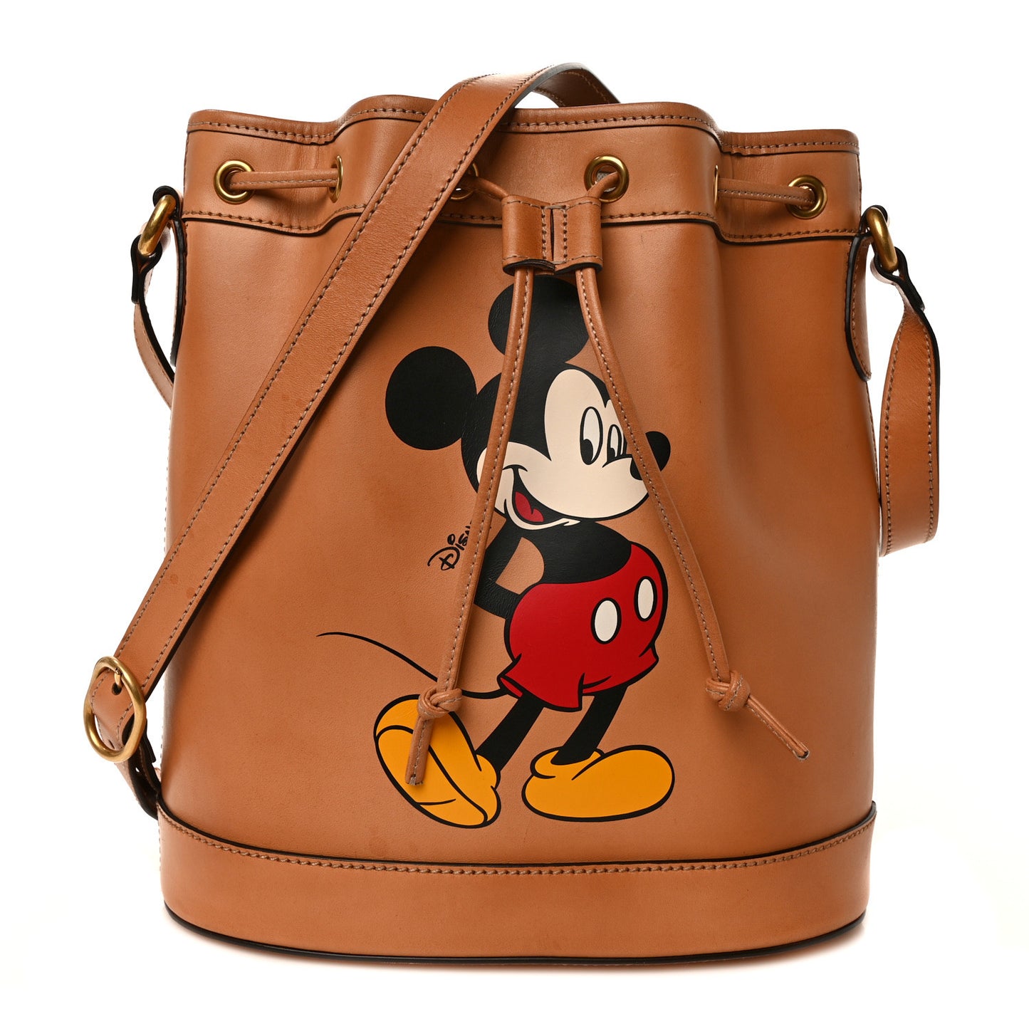 X DISNEY Calfskin Mickey Mouse Printed Bucket Bag Brown