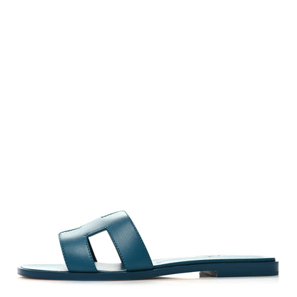 Hermes Calfskin Oran Sandals 37.5 Bleu Emeraude 1 of 9