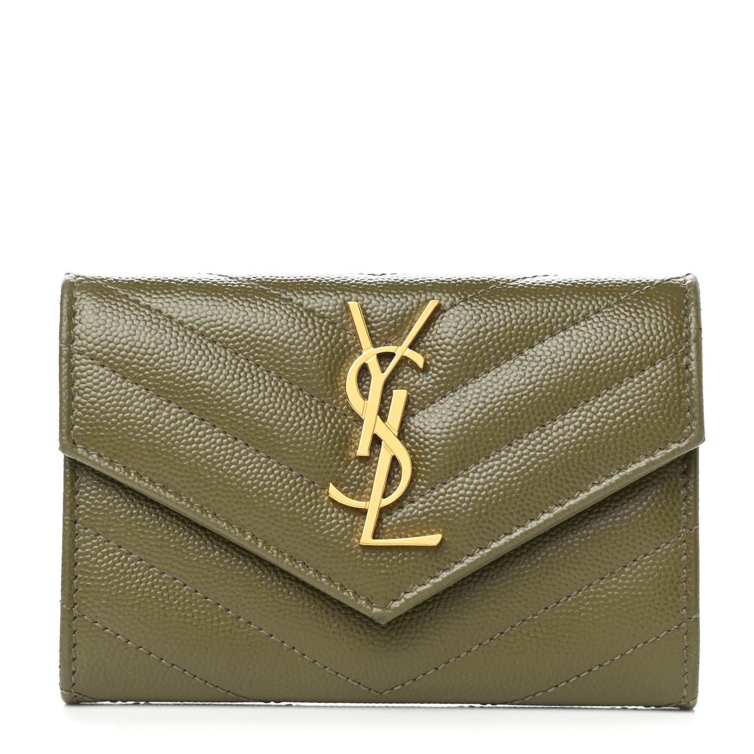Saint Laurent Grain De Poudre Matelasse Chevron Small Monogram Envelope Wallet Vert Kaki 1 of 7