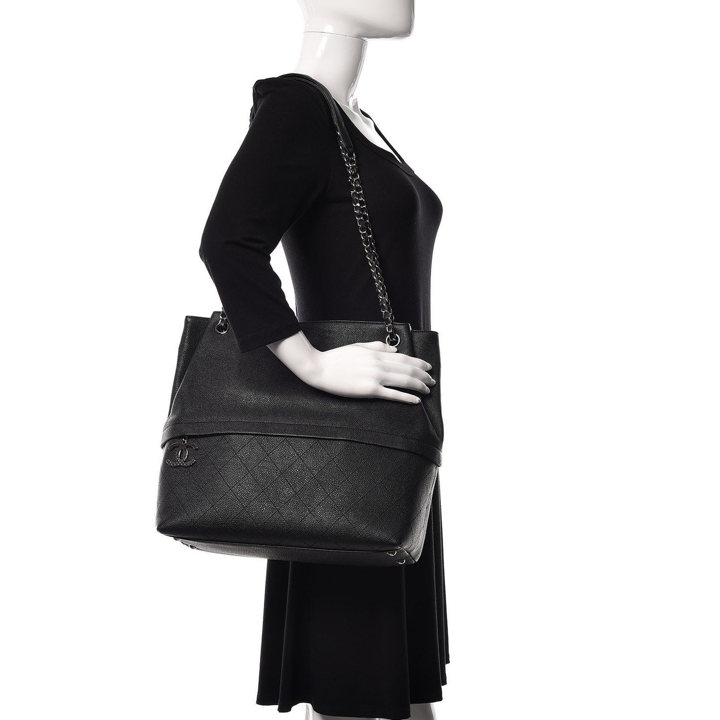 Crumpled Grained Calfskin Zip and Carry Shopping Tote Black