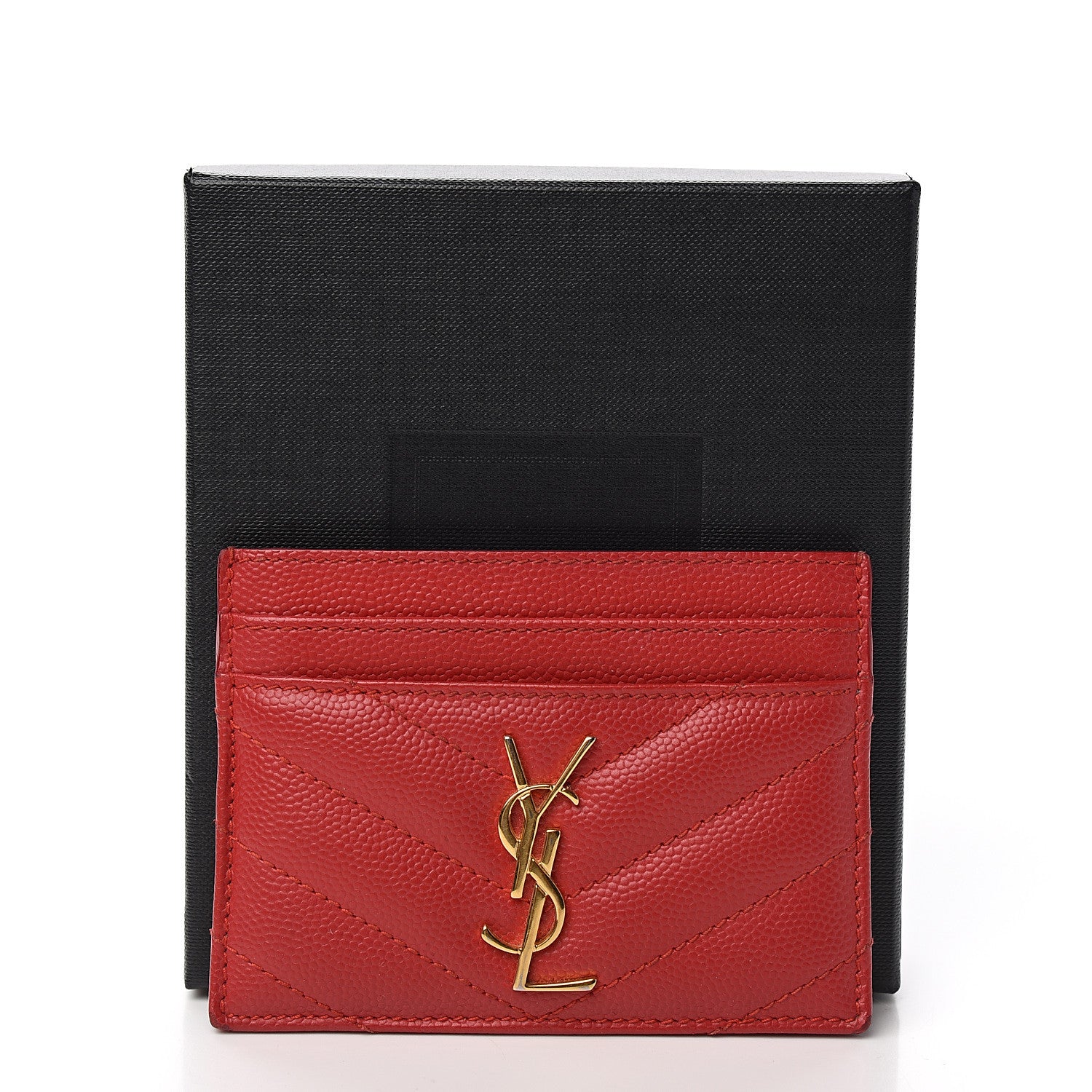 Saint Laurent Grain De Poudre Matelasse Chevron Monogram Credit Card Case New Red 9 of 9