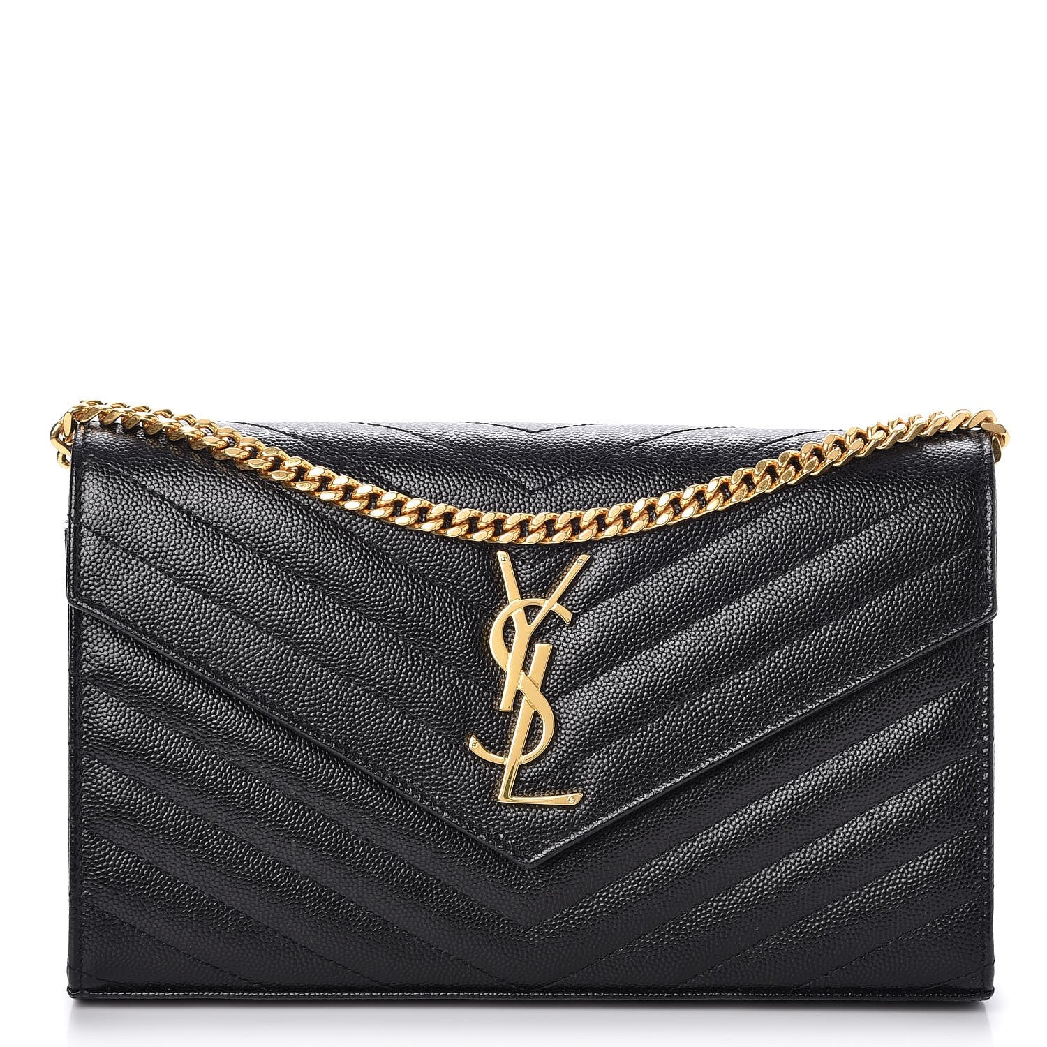 Saint Laurent Grain De Poudre Matelasse Chevron Monogram Chain Wallet Black 1 of 9