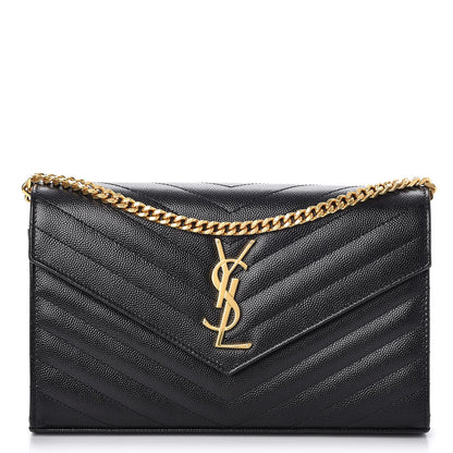 Saint Laurent Grain De Poudre Matelasse Chevron Monogram Chain Wallet Black 1 of 9