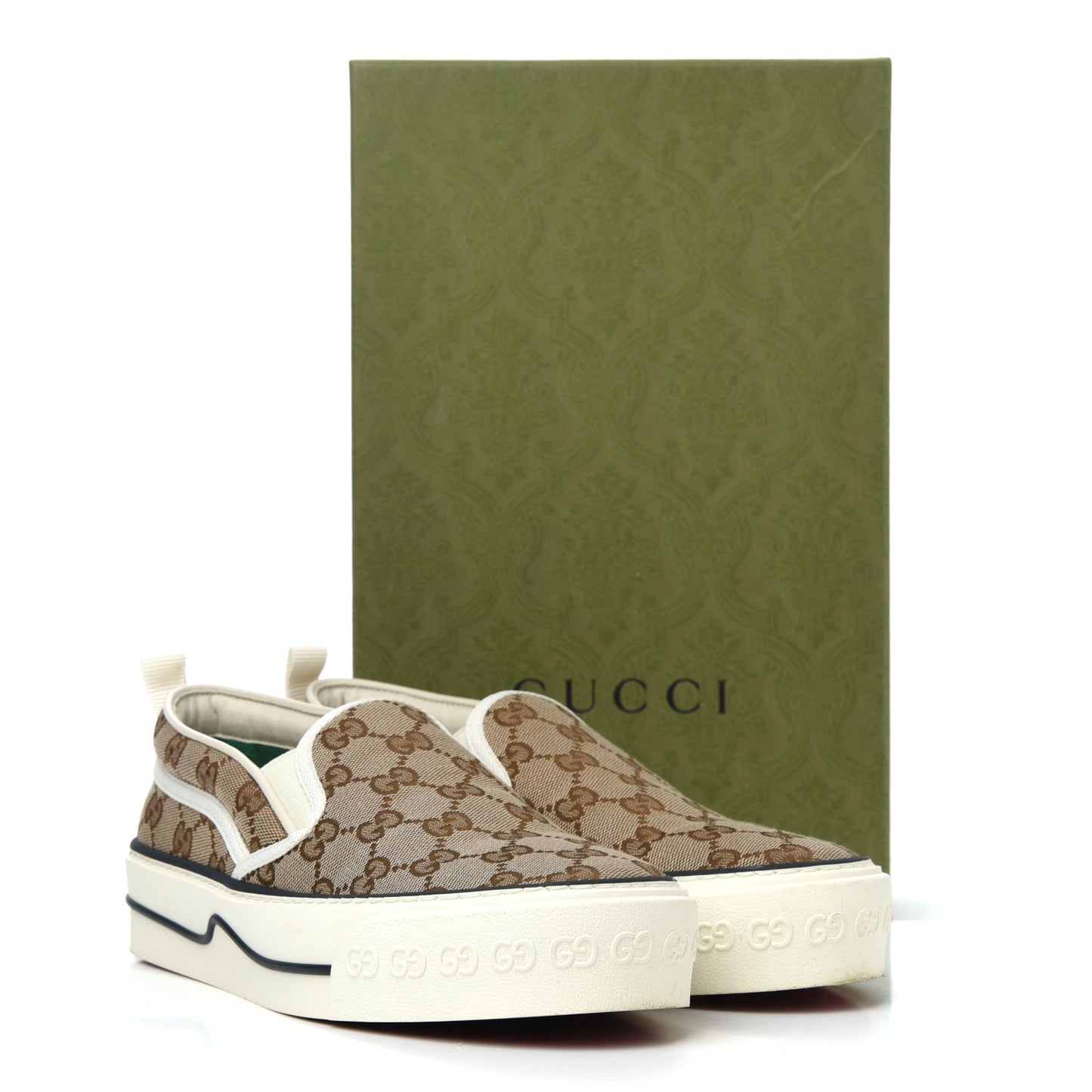 GG Monogram Womens 1977 Tennis Slip On 30mm Sneakers 38 Beige Ebony Mystic White
